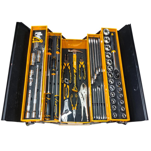 ست جعبه بکس و ابزار 59 پارچه حرفه ای دینگی کد 110059 جنس فولاد کروم وانادیوم یک عدد جعبه ابزار فلزی 3 طبقه 50 سانتیمتری